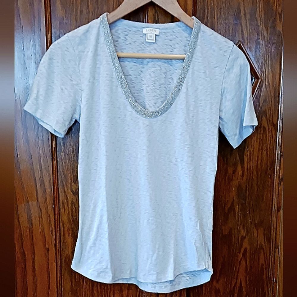 J CREW V Neck Tee Shirt with Silver Bead Trim Grey XSMALL